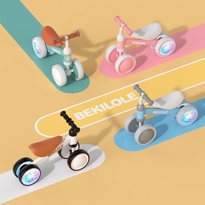BEKILOLE Light Up Wheel Baby Balance Bike | 1 Year Old Boy Gifts & First Birthday Toy | Ride On Push Bike for One Year Old Boy Birthday Gifts Toddler Walker, Green & Brown