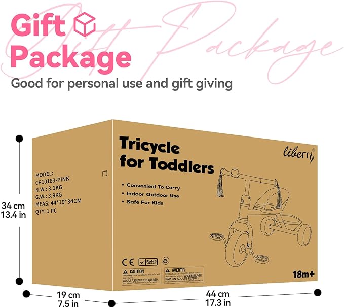 Liberry Toddler Tricycle Age 2 3 4 Years Old, Kids Trike with Light Up Wheels, Removable Pedal and Basket, 3 Wheel Bike Outdoor Indoor Riding Toy Gift for Girls Boys, Pink