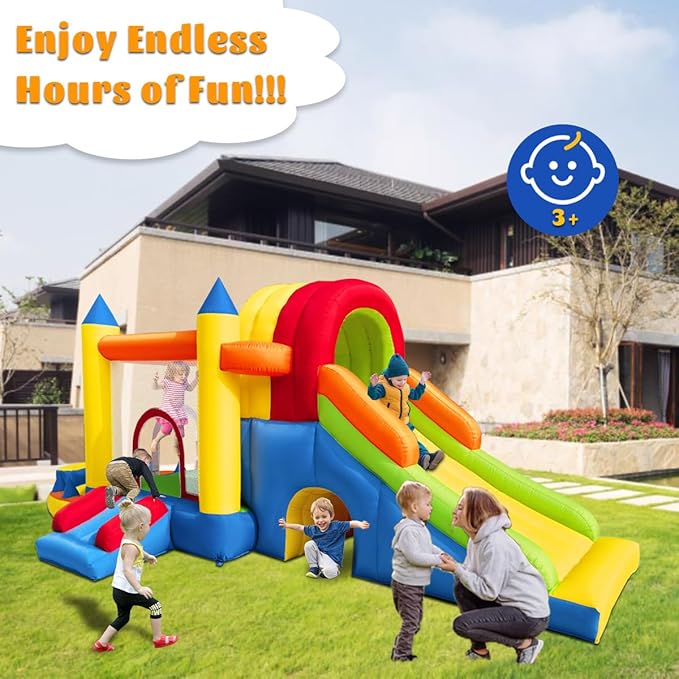Inflatable Bounce House, 8 in 1 Large Bounce Castle with Blower for Kids and Toddlers, Outdoor Indoor Backyard Inflatable Bouncers with Two Slides
