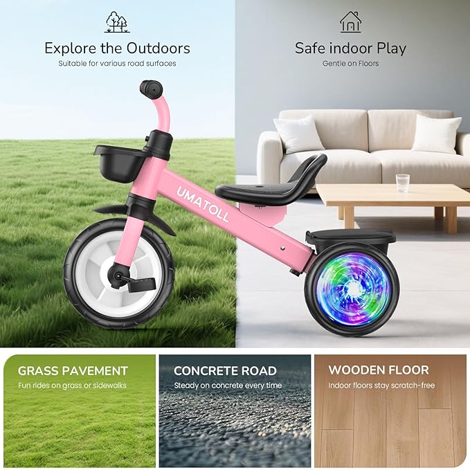Umatoll Tricycle for Toddlers 2-5 Year Old, Ajustable Toddler Bike Outdoor Toys, Birthday Gift for Girl Age 2-4, Trike with Light up Wheels