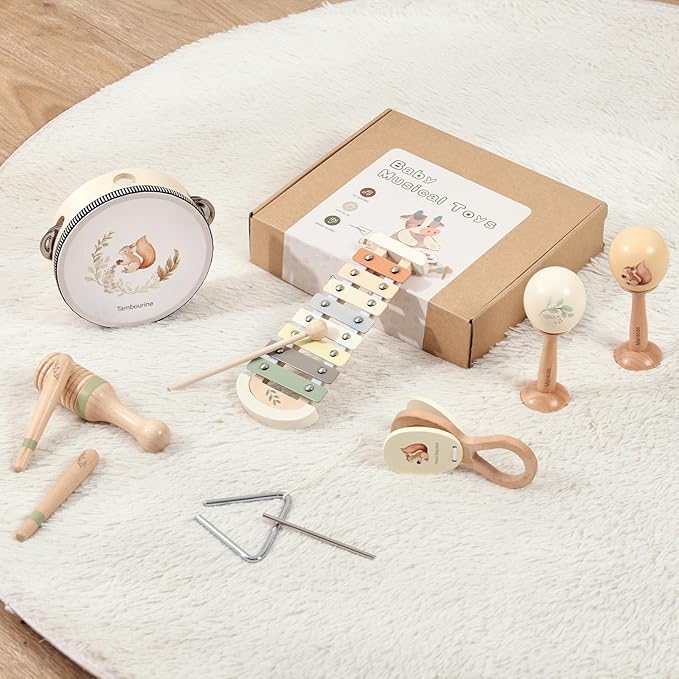 Baby Musical Instruments Set Wooden Montessori Musical Toys for Toddlers Neutral Colors Percussion Instruments Set with Modern Boho Xylophone Tambourine Educational Musical Toys for Preschool Kids