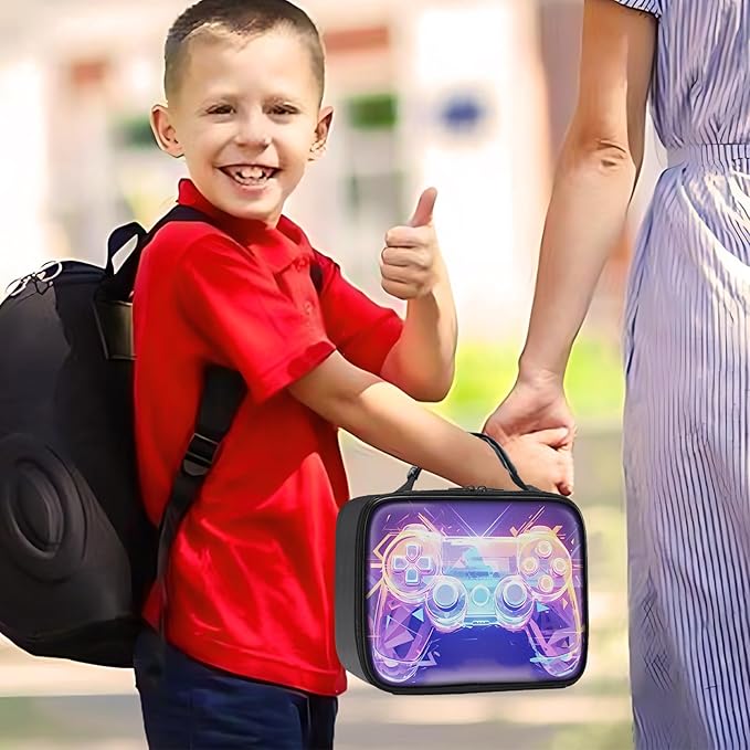 Gamer Lunch Box for Boys,Leather Boys Lunch Bag for Kids,Gamer Gifts for Kids,Insulated Video Game Lunchbox,Reusable Portable Lunchbox for School Travel Picnic Hiking Beach