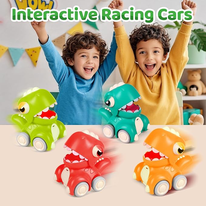 4-Pack Dinosaur Car Toys, Suitable For Toddlers Aged 1-3, Dinosaur Racers, Press And Go Dino Cars, Perfect For Babies 6-9-12-18 Months, Toys For 1-2 Year Old Boys, Birthday Gift For 1 Year Old Boy