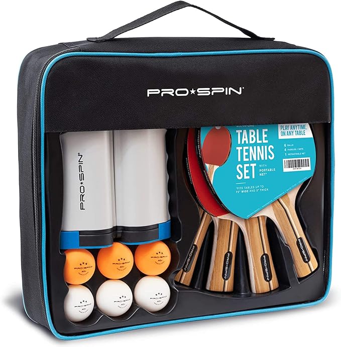 PRO-SPIN Portable Ping Pong Set with Retractable Ping Pong Net for Any Table, All-in-One Table Tennis Set with Ping Pong Paddles, Balls & Case, Table Top Family Game