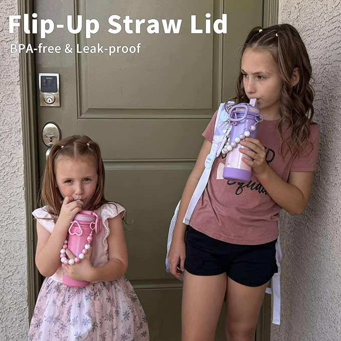 Mininoo Kids Water Bottle for School - 16 oz Stainless Steel Insulated Water Bottle with Ceramic-Lined, Leakproof Straw Lid & Beaded Handle for Girls & Boys