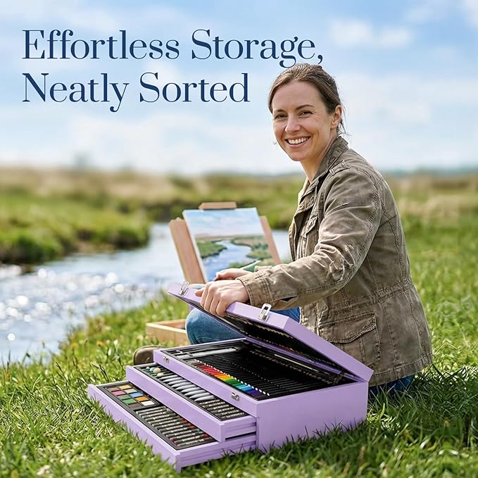 194 Piece Deluxe Art Set, Painting Drawing Art Supplies with 4 Drawing Pads, Acrylic Paints, Crayons, Colored Pencils Set in Wooden Case, Art Kit Gift Box for Kids, Teens, Adults, Artists, Beginners