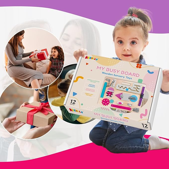 Montessori Busy Board for Toddlers, Wooden Sensory Toys, Kids 1-3 Travel Toy, Preschool Learning Activities for Fine Motor Skills, Basic Life Skills Educational Gifts for 1 2 3 Years Old Girls (Pink)