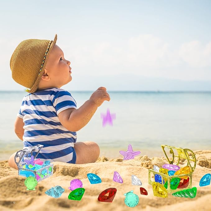 MGparty 24pcs Diving Gem Pool Toys Colorful Diamonds Set with Pirate Treasure Chest Summer Toy Underwater Swimming Toys for Boys and Girls Pool Games Water Toys