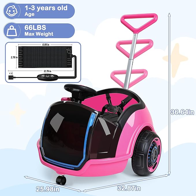 ANPABO 3-in-1 Electric Push Ride On Car, 12V Kids Ride On Toy w/Remote Control, 360° Spin, LED Display, Colorful LED Light, 5-Point Safety Belt, Music Player, Push Car for Toddler Ages 1-3 (Pink)