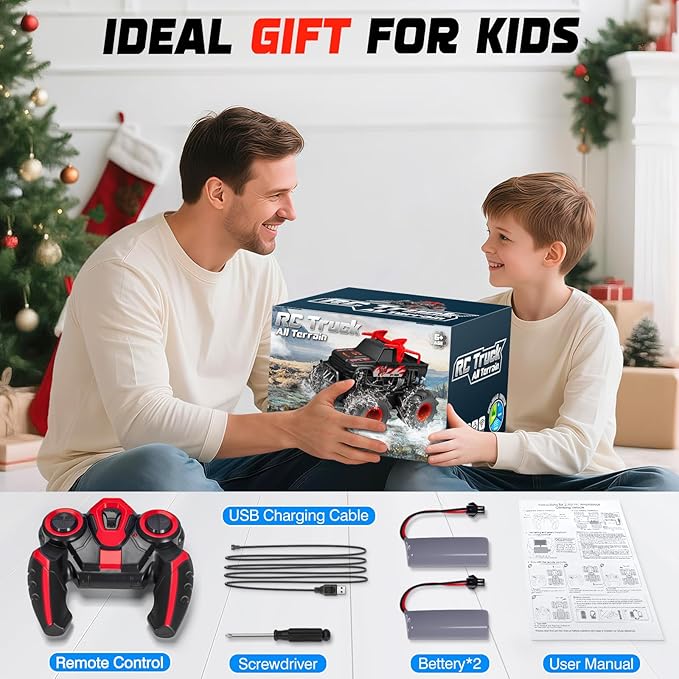 1:16 Waterproof Monster Truck Toys RC Cars, 2.4GHz Remote Control Truck for Kids Boy Ages 8,9,10,11,12 Years Old, 4WD All Terrain Off-Road with LED Lights RC Boat for Boy Girl Birthday Gift - Red
