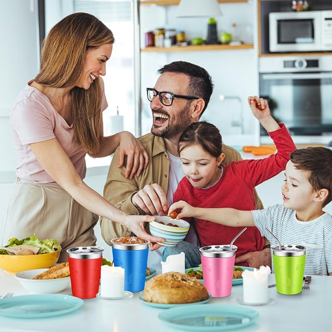 ShineMe Stainless Steel Cups for Kids, 12oz Kids Cups with Stainless Steel Straws and Leak Proof Lids, Unbreakable Metal Tumbler with Colorful Sleeves for Heat/Cold Insulation 6 Pack