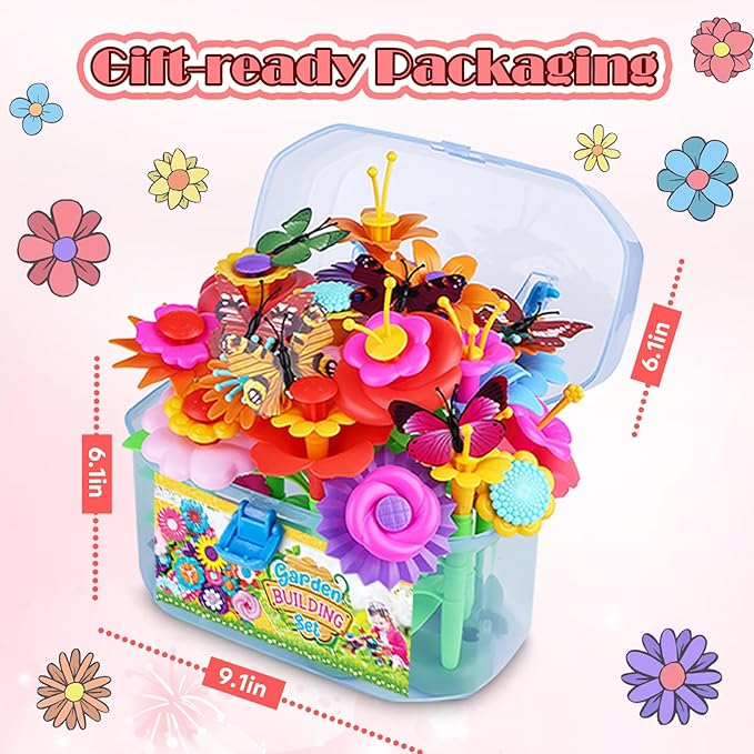 FUNZBO 109pcs Flower Garden Building Toy Set - Christmas Spring Toys for 3 4 5 6 7 Years Old Girl, STEM Montessori Educational Toy for Kid Toddler, Sorting & Stacking Building Block Birthday Gift