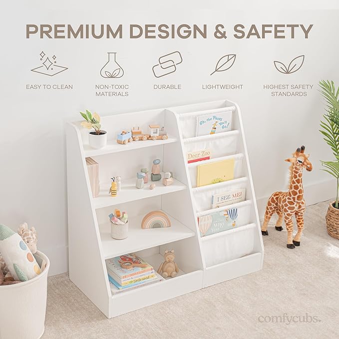 Comfy Cubs Kids Bookshelf 35.2 x 15.7 x 31.5 Inches - Sturdy MDF Montessori Book Shelf with Soft & Hard Shelves for Toys & Books - Child-Friendly, Easy Access Storage Organizer for Kids - White