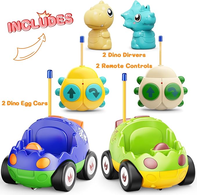 2 Pack Dinosaur Toys Remote Control Cars for Toddlers Ages 2 3 4 5, Christmas Birthday Gifts for 2-5 Year Old Boys, Dinosaur RC Car Toys with Music and Lights (Green Blue)