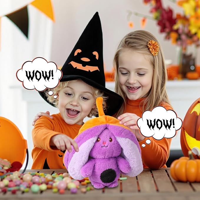 2-in-1 Transforming Plush Toy with Zipper, Reversible Pumpkin to Bunny Stuffed Animal, Soft Surprise Plushie for Kids, Cute Holiday Stocking Stuffer for Boys and Girls