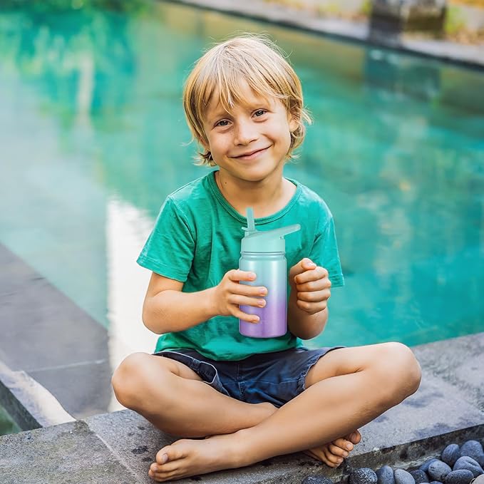 Mininoo Insulated Kids Water Bottle, 12 oz Stainless Steel Water Bottle Kids with Straw Lid and Chug Lid for Girls, Boys (Aurora)