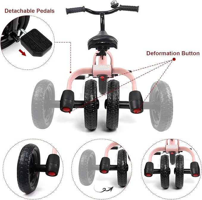 XPIY Tricycle for Toddlers Age 2 to 4 Years Old, 3 in 1 Folding Toddler Bike for Boys and Girls, Kids' Bike Trike with Detachable Pedal and Adjustable Seat Light Pink