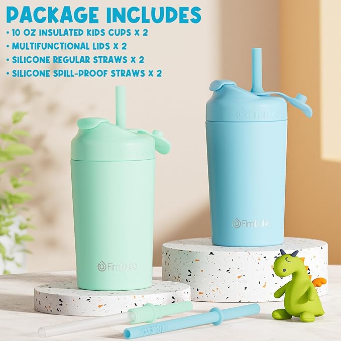 Fimibuke Kids & Toddler Cups, 10 OZ Spill Proof Straw Cups for Toddlers, 2 Pack Leak-Proof Kid Insulated Tumbler with Screw-On Lid & Silicone Straw with Stopper, Stainless Steel Sippy Cup for Girl Boy