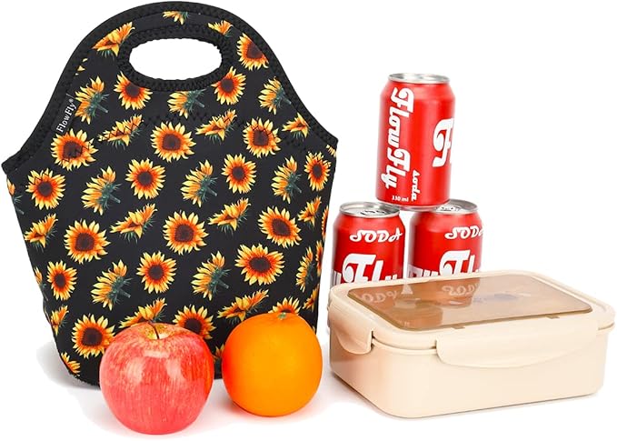 FlowFly Neoprene Lunch Tote Insulated Thermal Reusable Lunch Bag Box for Boys Men with Zipper (SunFlower)