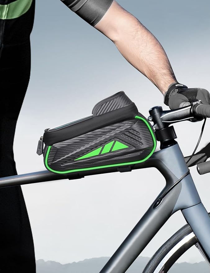 Bike Phone Holder Bag, EVA Waterproof Bicycle Front Frame Bag, Bike Accessories Cycling Pouch with Sensitive TPU Touch-Screen, Bicycle Phone Mount with Rain Cover for Phone under 7" (Green, 7 inch)