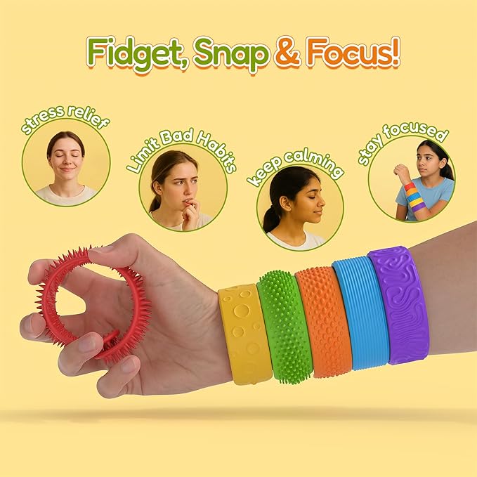6-Pack Sensory Stretchy Fidget Toys for Kids - Stress Relief Toys for Anxiety, ADHD, Autism Special Needs, Sensory Slap Bracelet for Toddlers Boys Girls Adults, Ideal Christmas Stocking Stuffers