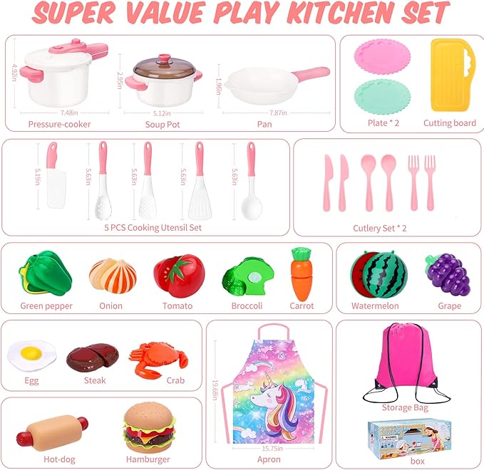 Kids Play Kitchen Accessories Set, Pretend Kids Pots and Pans Playset Toddler Cooking Set Play Kitchen Toys with Fake Play Food Dishes Utensils for Girls Boys Ages 1 2 3 4 5 6 7 8, Pink