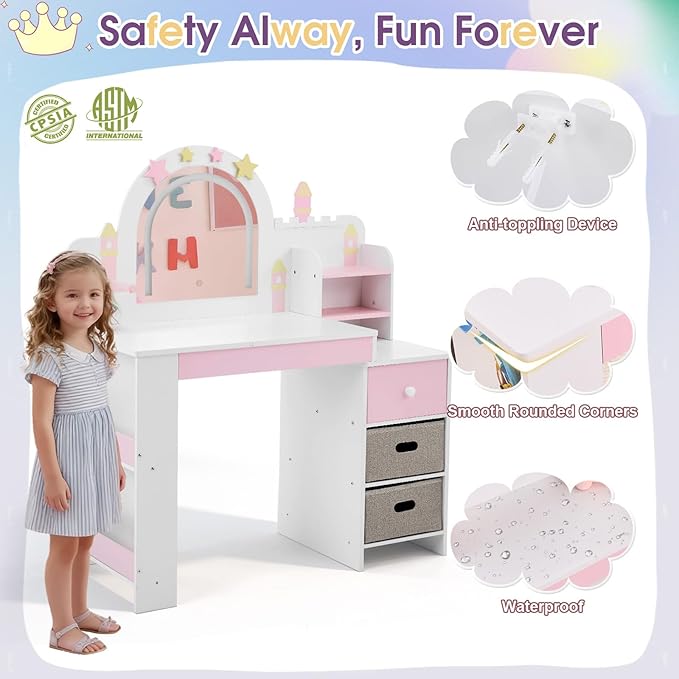 Kids Vanity Table and Chair Set with Lights, Toddler Makeup Vanity Desk with Open Bookshelf, Girls Vanity with Removable Drawers, Storage Shelves,Castle Star Pattern for Princess, White
