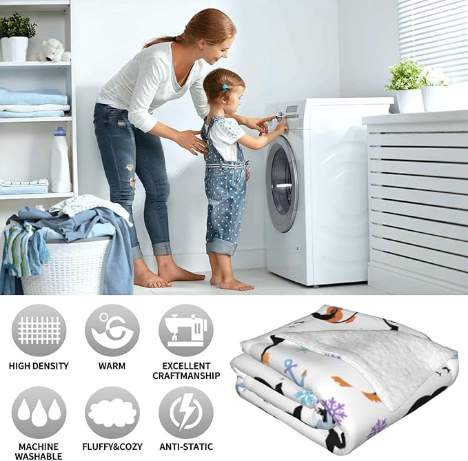 Penguin Throw Blanket for Kids, Cute Penguin Animals Fleece Blanket Gifts for Boys Girls, Warm Cozy Soft Flannel Stuff for Bed Sofa Couch 60" x 50"