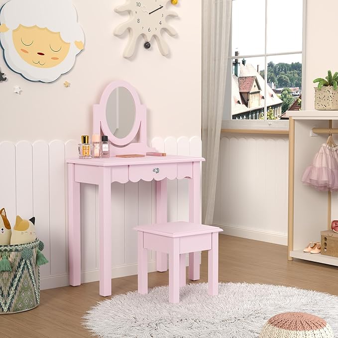 HLR Kids Vanity, Girls Vanity Set with Mirror and Stool, Wooden 2 in 1 Princess Makeup Desk Dressing Table with Detachable Top, Toddler Vanity Dresser Set with Drawer for Little Girls, Pink