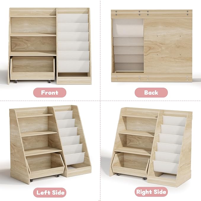 COZPAW Kids Bookshelf and Toy Storage, 4 Tier Toddler Bookshelf with Movable Drawer 5 Sling Pockets, Montessori Book Shelf for Kids Room, Playroom, Nursery (Oak)