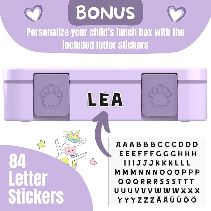 BEARFOOT Kids Lunch Box with Compartments – Compact & Lightweight | Leak-Proof, BPA-Free, Dishwasher & Microwave Safe | Hand-Drawn Design for Preschool, School, Travel (Purple, 4 Cups)