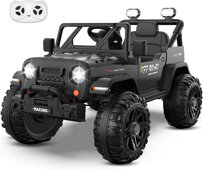 12V Ride On Truck Car with Remote Control, Kids Electric Vehicles with Bluetooth Music, Horn, 3 Speeds, 4 LED Lights, Soft Start, Ride on Toys for Toddler Boys & Girls (Black)