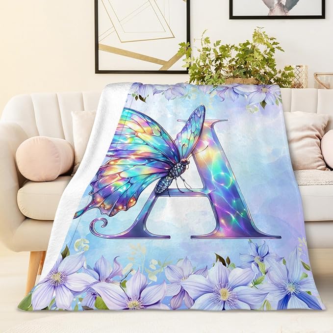 Monogram Blanket for Kids, Initial Throw for Girls 2-5, 40 x 30 Inches Butterfly Throws, Gift for Butterfly Lovers, Fuzzy Warm Flannel Blanket Soft for Sofa, Chair Couch