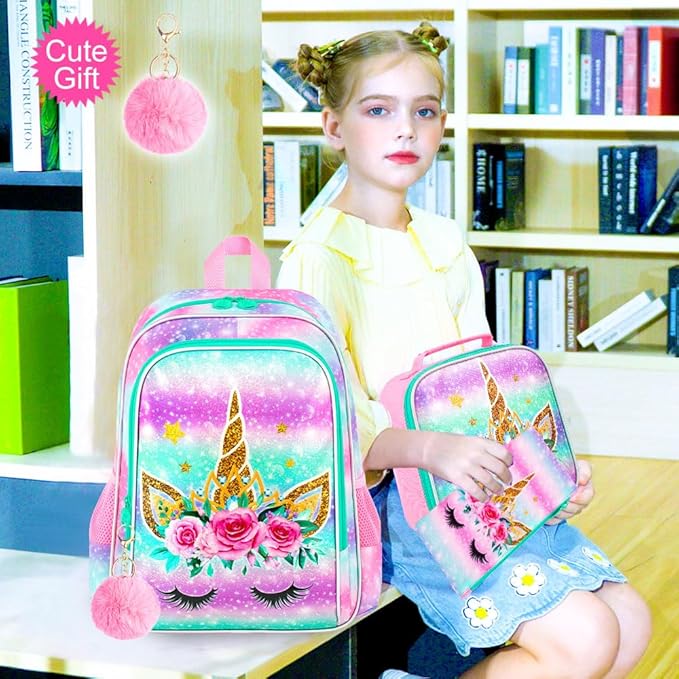 CCJPX 3PCS Unicorn Backpack for Girls, 16”Kids Bookbag with Lunch Box, Cute Water Resistant Elementary School Bag for Kindergarten Preschool Toddler