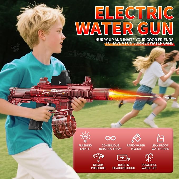 Electric Water Guns for Kids Adults, Transparent Automatic Squirt Guns, Summer Outdoor Beach Swimming Pool Party Toys (Red)