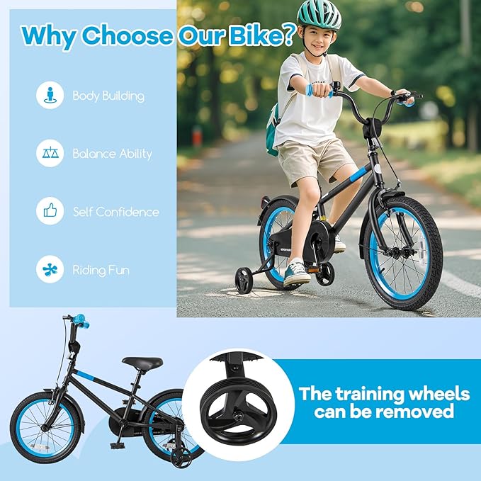 BABY JOY Colorful Macarons Kids Bike, 12 14 16 18 Inch Sporty Children's Bicycle with Training Wheels, Adjustable Handlebar & Saddle, Handbrake & Coaster Brake, Boys Girls Bike for 3-8 Years Old