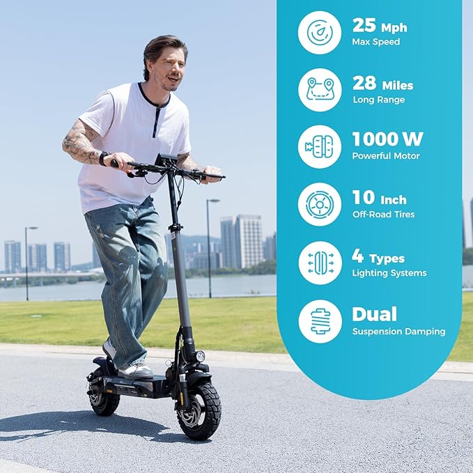 Electric Scooter for Adults, 28 MPH Top Speed & 28 Mile Range, 1000W Powerful Motor, 10" Off-Road Tires, Dual Suspension & Ambient Light & Turn Signals, Foldable Adjustable Handlebar Commuting Scooter