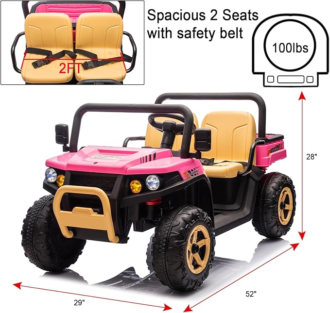 POSTACK 24V 2 Seater Electric Dump Truck for Kids, Ride on Tractor Battery Powered Electric Vehicle with Parental Remote Control, UTV for Kids to Drive w/Bluetooth, Music, Pink