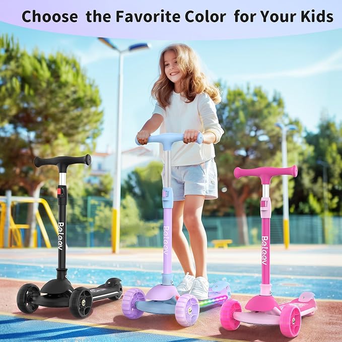BELEEV A9 Kids Scooter with LED Light-Up Wheels & Deck, 3 Wheel Folding Scooter for Toddlers Girls Boys Ages 3-12, Adjustable Handlebar, Lean to Steer, Extra-Wide Wheels, Kick Scooter for Children