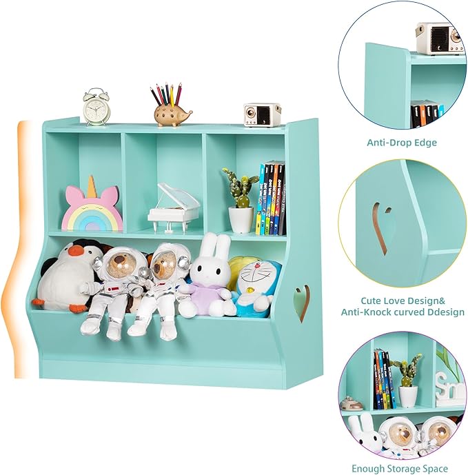 Lerliuo Kids Storage Organizer, Children Small Bookcase and Bookshelf, Toddler 4 Cubby Cabinet, Wood Book Shelf for Playroom, Bedroom, Living Room, Nursery, School 30.51'' H (Green)