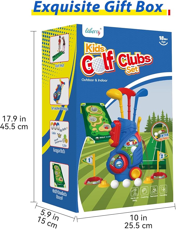 Liberry Toddler Golf Set for 2 3 4 5 Years Old Boys Girls, Upgraded Kids Golf Cart with Golf Cornhole Board & Putting Mat, Indoor and Outdoor Golf Toys Birthday Christmas Gift