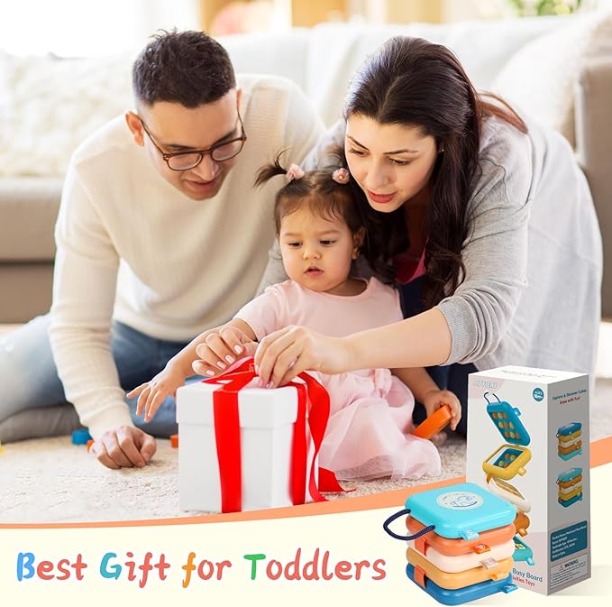 Busy Board for Toddler 2-4, Montessori Sensory Toys for 2 3 4 Year Old, Infant Carseat Travel Airplane Activity Cube Toys, Christmas Stocking Stuffers for 18 Months Boys Girls