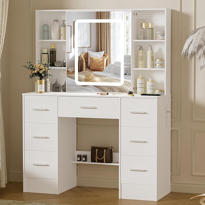 Vanity Desk with Sliding Mirror and Lights, 39.4''W White Vanity Desk with Lighted Mirror, Drawers, 3-Mode Lights, Adjustable Brightness, Makeup Vanity Dressing Table for Bedroom, Girls, Women Gifts