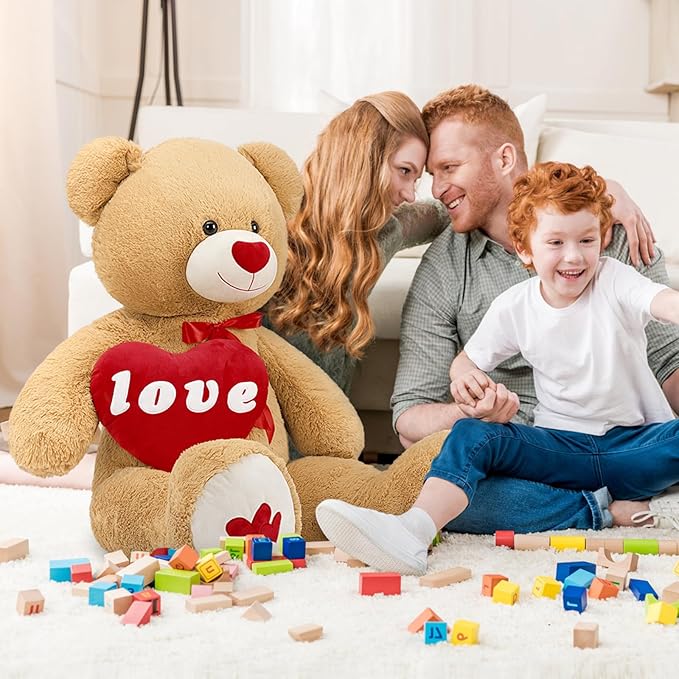 MorisMos Love Heart Giant Teddy Bear 4.3ft, I Love You Large Bear for Girlfriend, Soft Valentine Stuffed Animals Plush Gift for Boyfriend, Brown, 51Inch