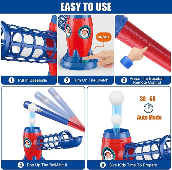 Baseball Set RC Pitching Machine with Plastic Baseball Bat for Toddler Kids Sports & Outdoors Toys - Training Equipment & Batting Practice Toys Gifts for Youth Boys & Girls