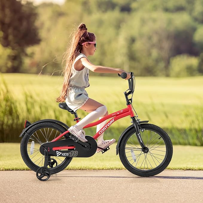 COSTWAY 12/14/16/18 Inch Kids Bike, Children Toddler Bicycle with Training Wheels, Adjustable Seat & Handlebar, Handbrake & Coaster Brake, Reflectors, Bell, Suitable for 3-8 Years Old Boys Girls