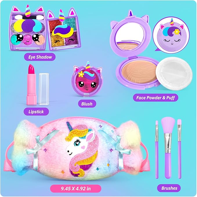 ULOVEME Kids Real Makeup Kit for Girls with Fluffy Purse - Real, Non Toxic, Washable Make Up Toy - Umicorn Toys Gift for 3 4 5 6 7 8 Years Old Girls Birthday