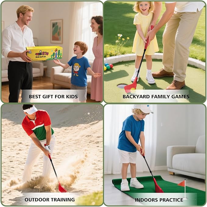 Kids Golf Club Set, Adjustable Backyard Outdoor Indoor Golf Clubs with Oversized Club Heads for Kids, Juniors, and Family Play Golf Game in Parks, Grass, Yards (Red)