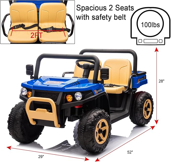 POSTACK 24V 2 Seater Electric Dump Truck for Kids, Ride on Tractor Battery Powered Electric Vehicle with Parental Remote Control, UTV for Kids to Drive w/Bluetooth, Music, Blue