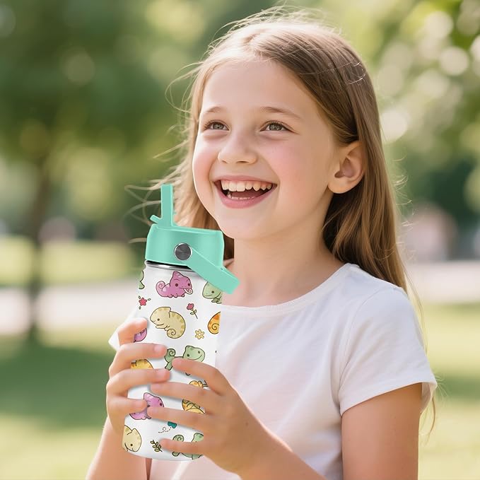 Axolotl Gifts for Girls - 16oz Green Axolotl Water Bottle with Straw Lid, Stainless Steel Insulated Tumbler, Leak Proof, for Boys, Sport, Travel, School - Animal Lovers Children Birthday Gift Cup(1pc)